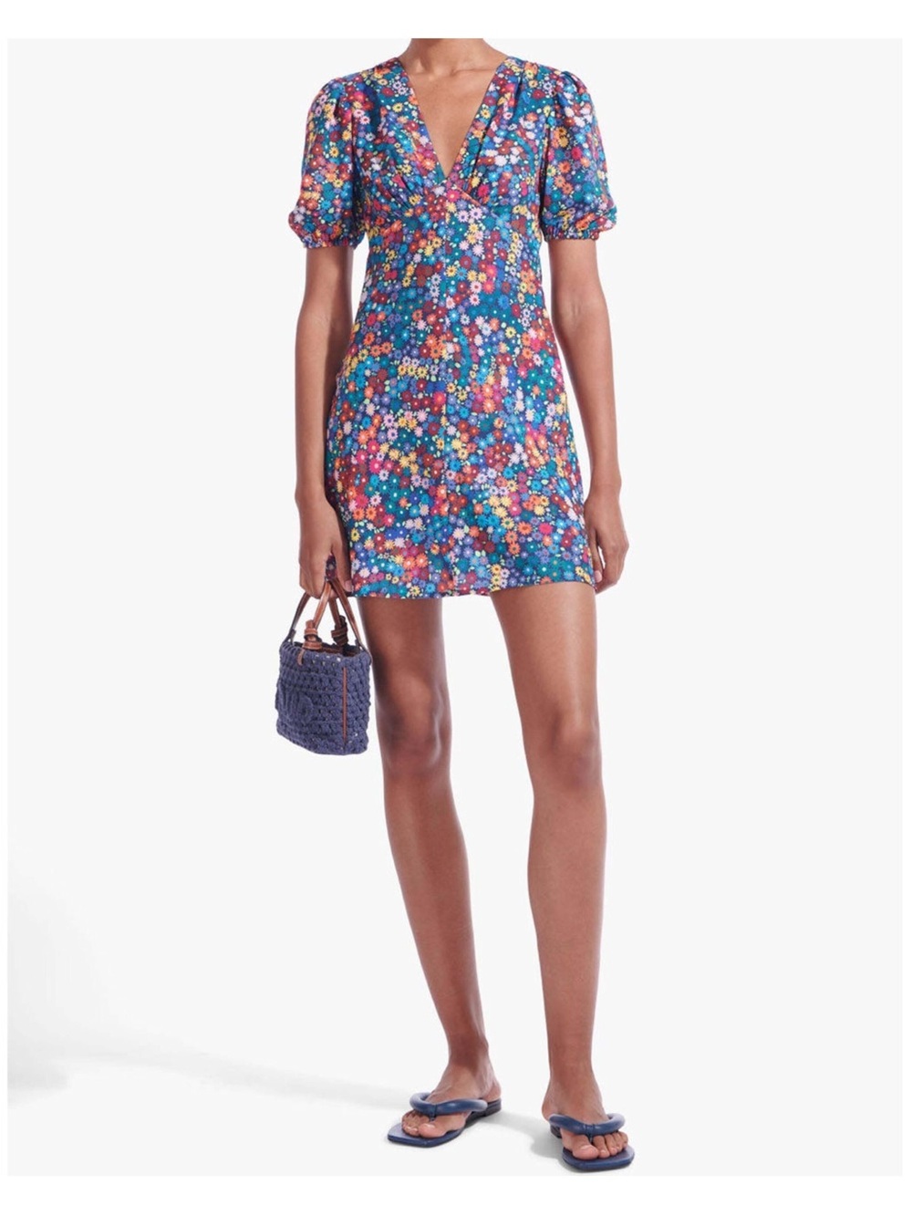 STAUD Milla Mini Rainbow Floral V-Neck Puff Sleeve Mini Dress